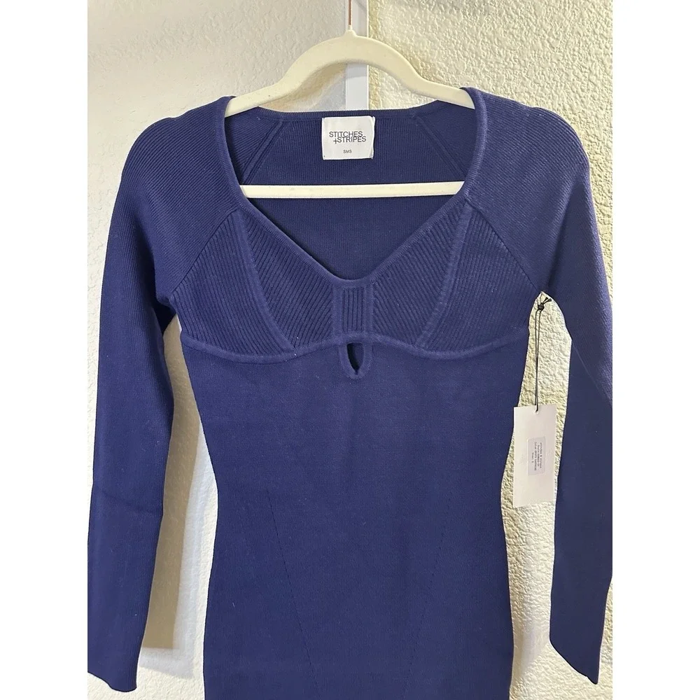 Stitches & Stripes Sapphire Blue Knit Mini Dress Sweetheart Keyhole  S